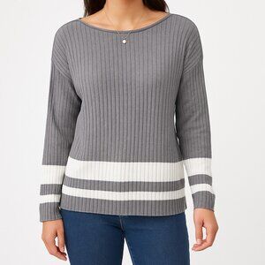Chicos Zenergy Womens L 2 Gray White Striped Sweater Cotton Cashmere Blend Knit